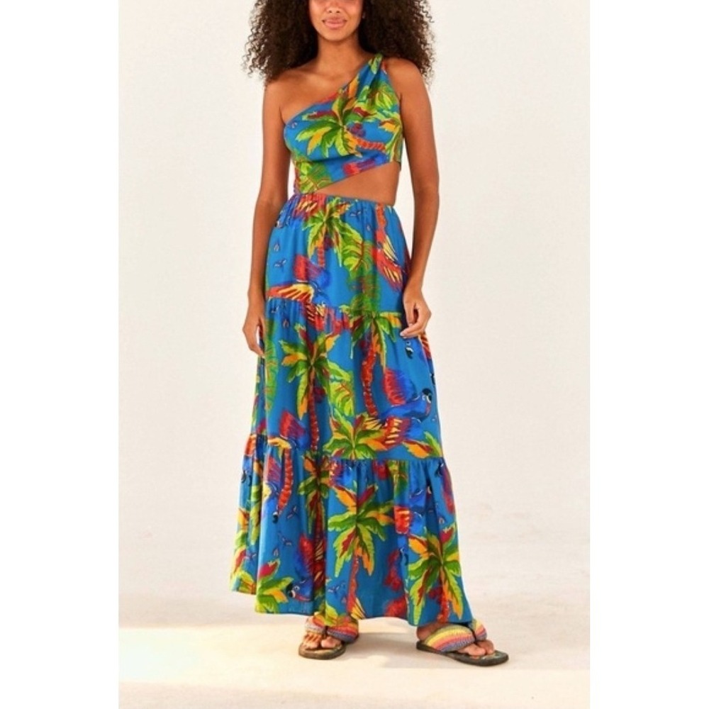 FARM Rio Blue Tropical One-Shoulder Maxi Dress with Palm Print